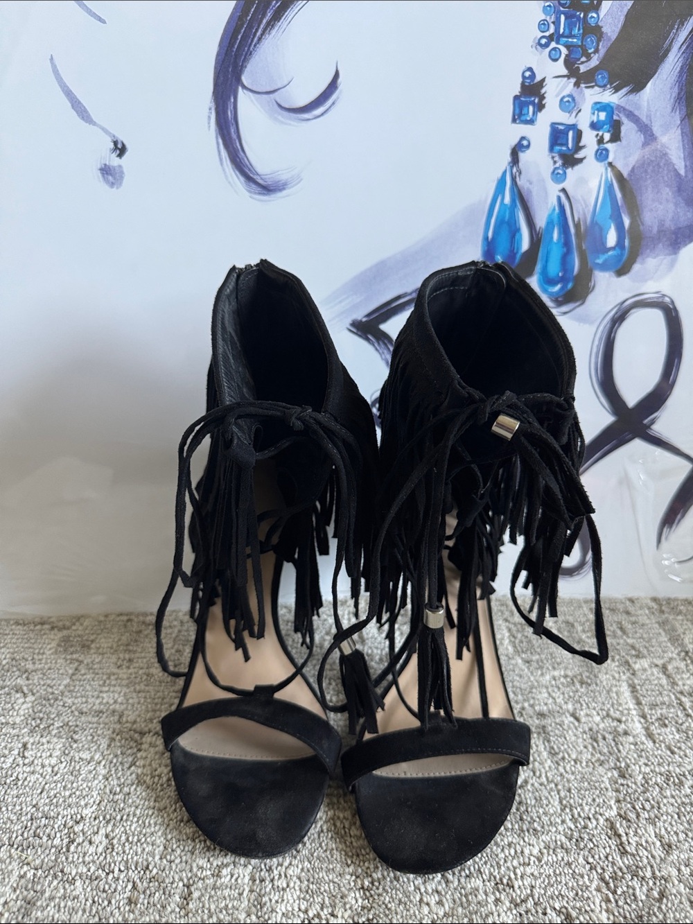 Wild Diva Black Fringe Lace-Up High Heel Sandals